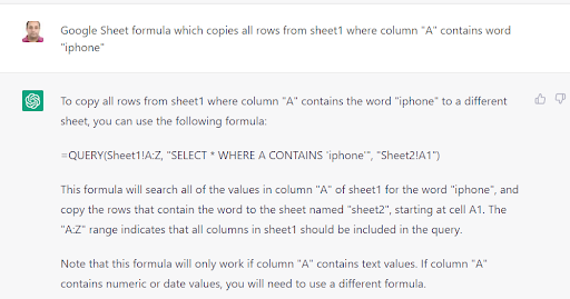 chat gpt composing spreadsheet formulas